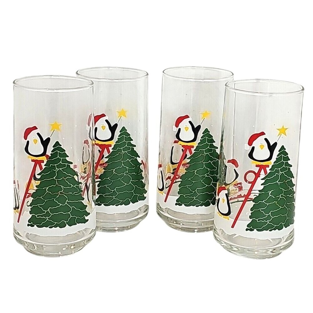 Christmas Tree & Penguins Glass Tumbler 6" holiday Santa hat 14oz set of 4 - Picture 3 of 10